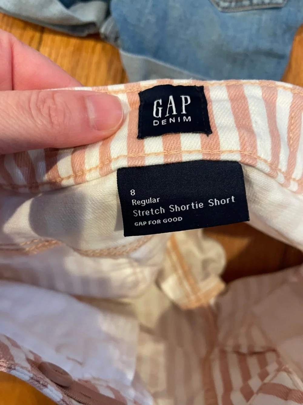 Two pairs of GAP denim Girls shorts, Striped Pink and White & denim
